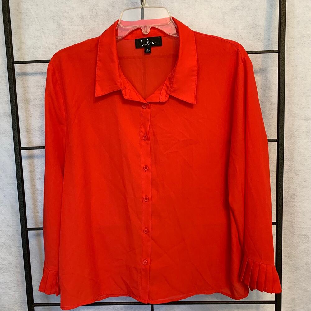 Lulus Red‎ Button Down Blouse With Pleated Cuffs Women's Size L